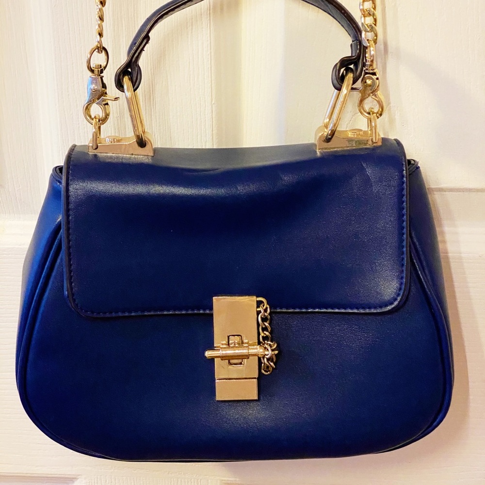 Dark Blue Leather Purse with Gold Strap
